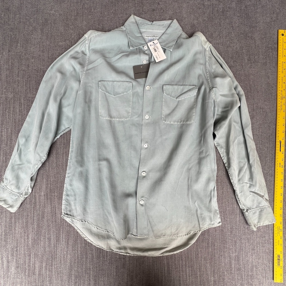 Martin Gordon Shirt Mens L Sage Green Silk Blend Chest Pocket Collared Button Up